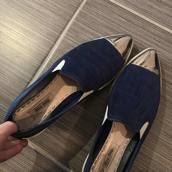Authentic Miu Miu Blue Velvet Pointed Cap Toe Slip On - Picture 2 of 9